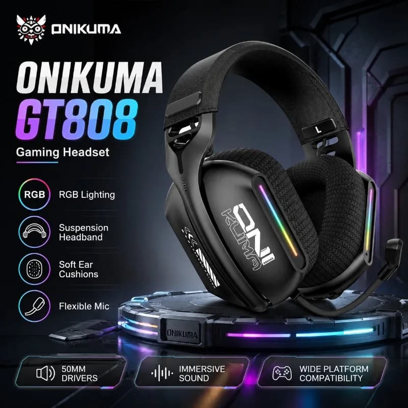 ONIKUMA GT808 Wireless Gaming Headset Tri Mode Bluetooth 5.3 2.4G Wired Low Latency RGB Stereo Surround Mic For PC PS5 Laptop