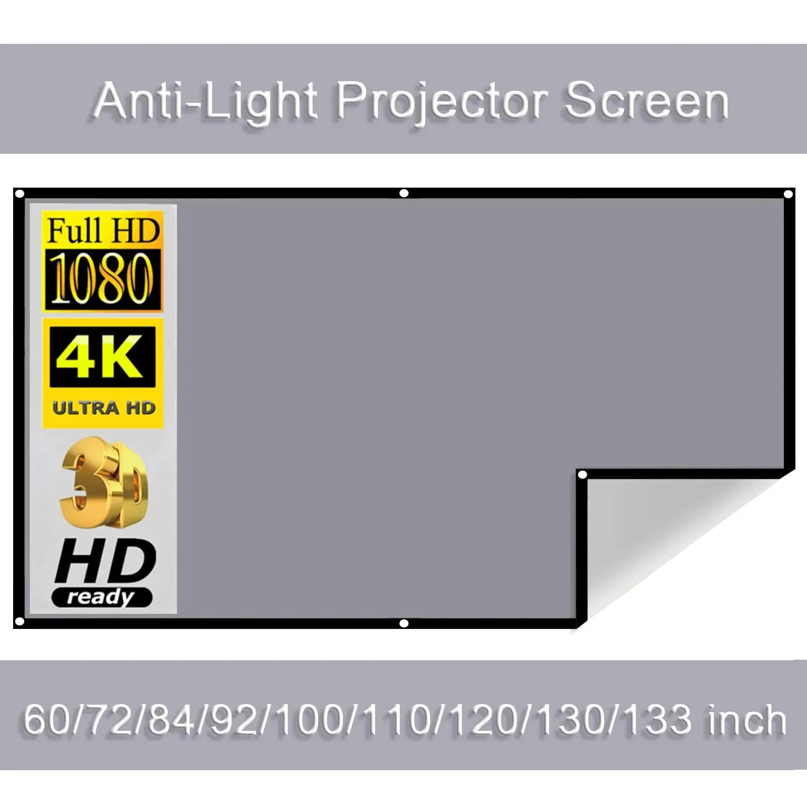 Schermo di proiezione portatile ad alta luminosità Tenda per proiettore anti-luce Tessuto in tessuto riflettente in metallo con bordo nero e occhielli