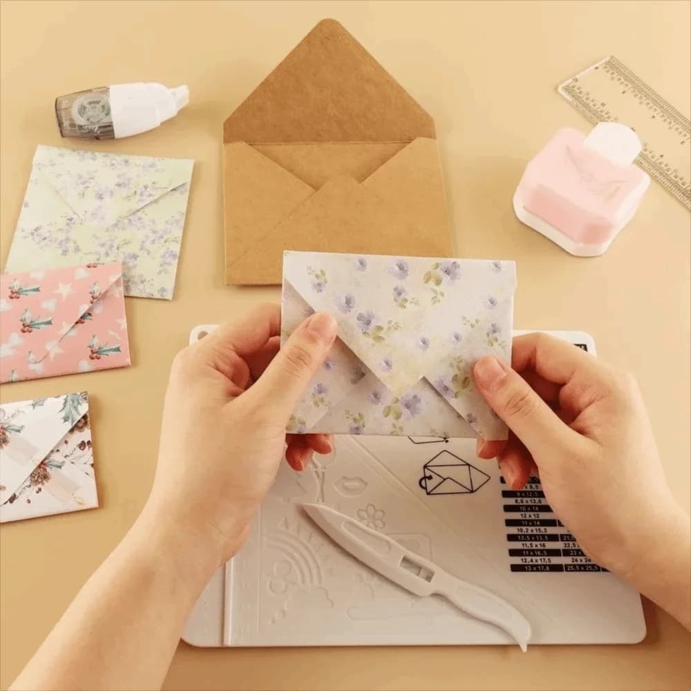 Measuring Grid Paper Trimmer Scoring Board Rectangular Plastic Envelope Maker Board with Paper Cutter DIY Origami Tool Art Class