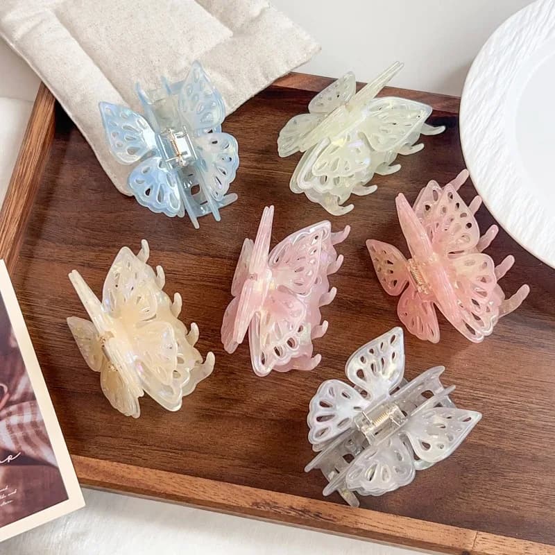 French Sweet Butterfly Acetate Claw Clip Luxury Elegant Shark Hair Accessories Premium Glossy Acetate, Delicate Butterfly Design