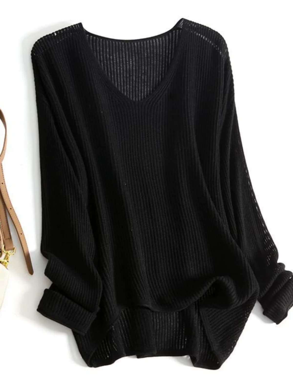 plus Size Women's V-Neck Long Sleeve Knitwear Loose Fit Belly Concealing Slimming Effect Versatile Casual Style Polyester Fiber