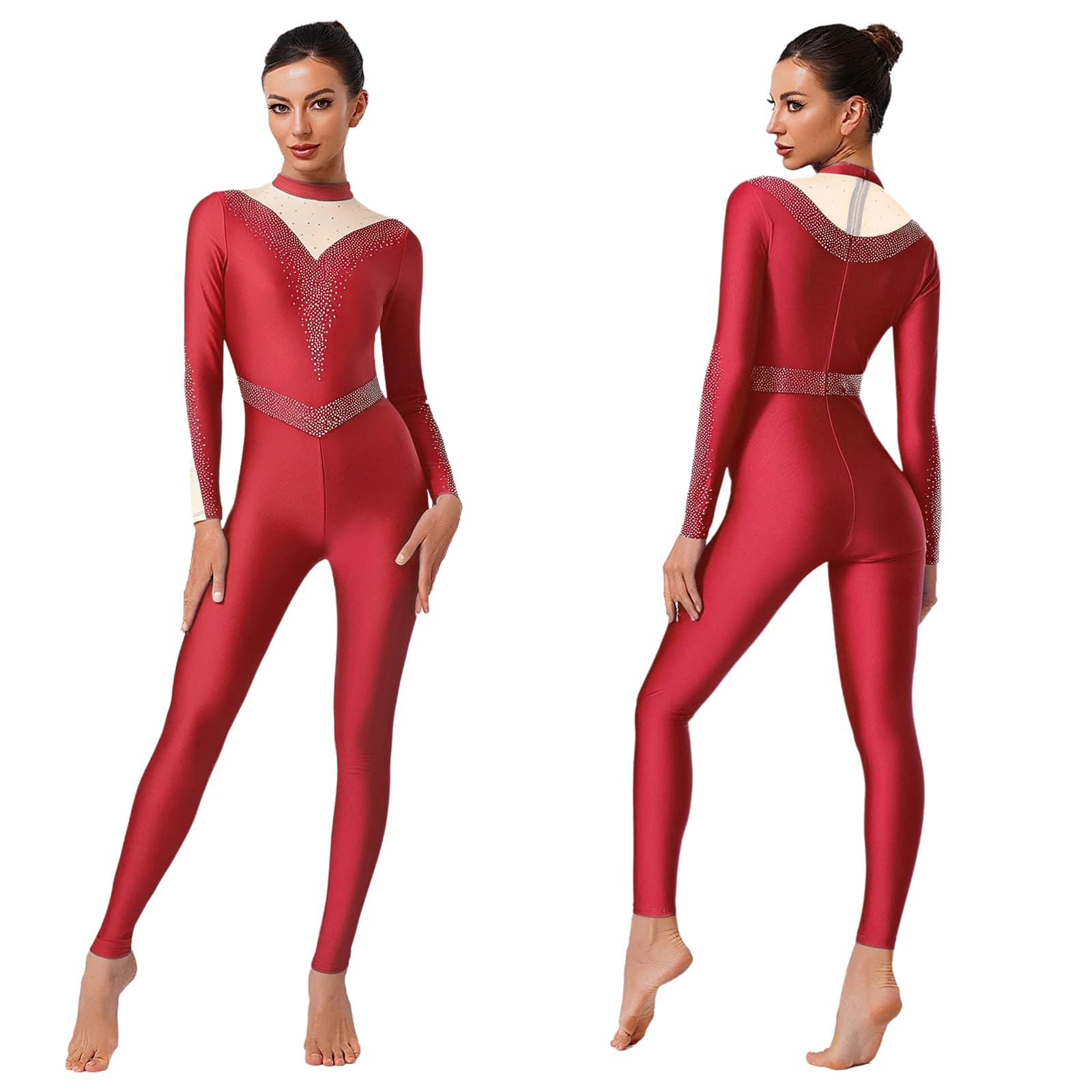 Body da ginnastica per danza classica con strass lucidi per donna adulta, pantaloni lunghi a maniche lunghe, tuta per allenamento di ginnasta di pattinaggio su ghiaccio