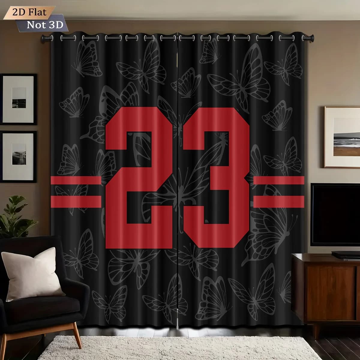 Large Black Butterfly Floral Print Red Number 23 Curtains for Living Room Bedroom Anniversary Celebration Window Drapes
