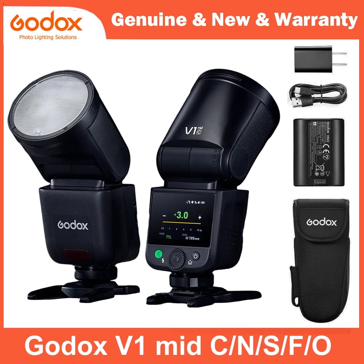 Flash per Fotocamera Godox V1 Mid TTL HSS Li-ion con Testa Rotonda, Ricarica USB-C e Schermo Touch per Canon, Nikon, Sony, Fuji, Olympus