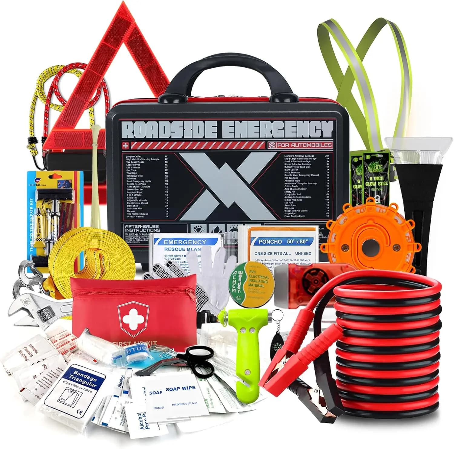 Kit di emergenza per auto da 137 pezzi con cavo di ponticello, cinghia di traino e forniture di pronto soccorso per viaggi sicuri