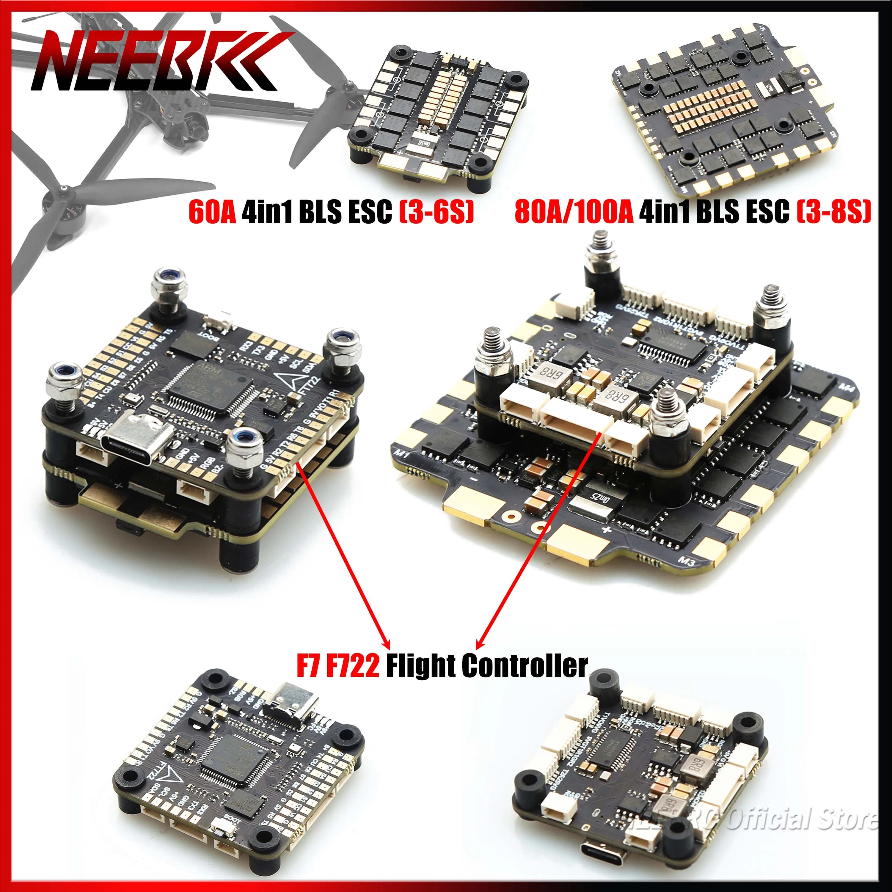 NEEBRC F7 F722 FC Flight Controller BEC 60A 80A 100A 4in1 BLS ESC Stacks 3-8S for 7/10/13/15inch Frame RC FPV Racing Drone DIY