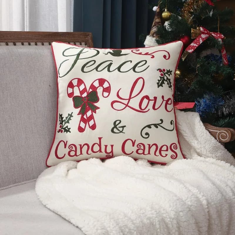 Christmas Throw Pillow Cover Peace Love Candy Canes Letter Embroidery Cushion Case Xmas Holiday Sofa Home Decor Pillow Cover