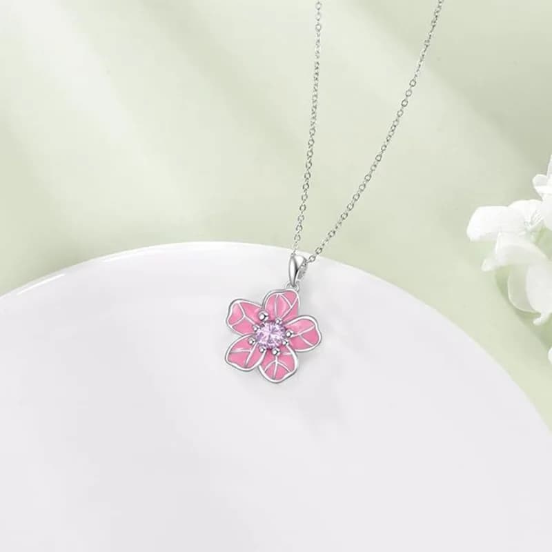 European and American simple and fresh pink cherry blossom pendant Valentine's Day women's gift neck chain flower collarbone chain necklace
