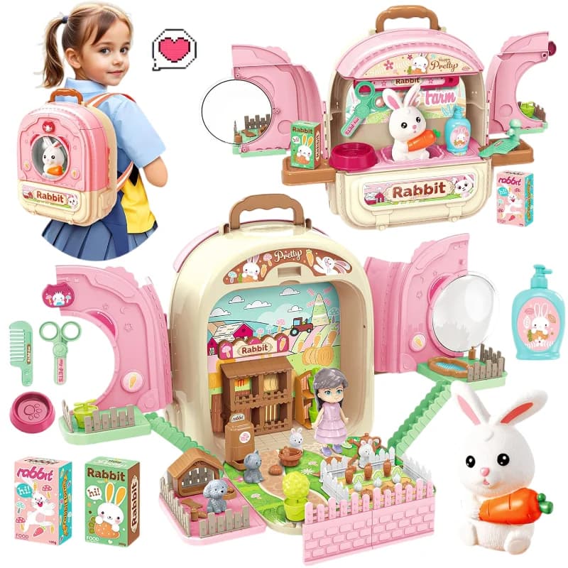 Zaino Trasportino per Animali 3-in-1, Set Gioco di Ruolo Coniglio con Asciugacapelli e Accessori per Bambine dai 3 Anni in su, Regalo di Pasqua