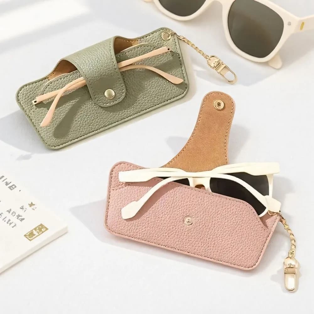 PU Leather Eyewear Case Solid Color With Bag Pendant, Sunglasses Case With Push Button And Chain, Reading Eyewear Bag