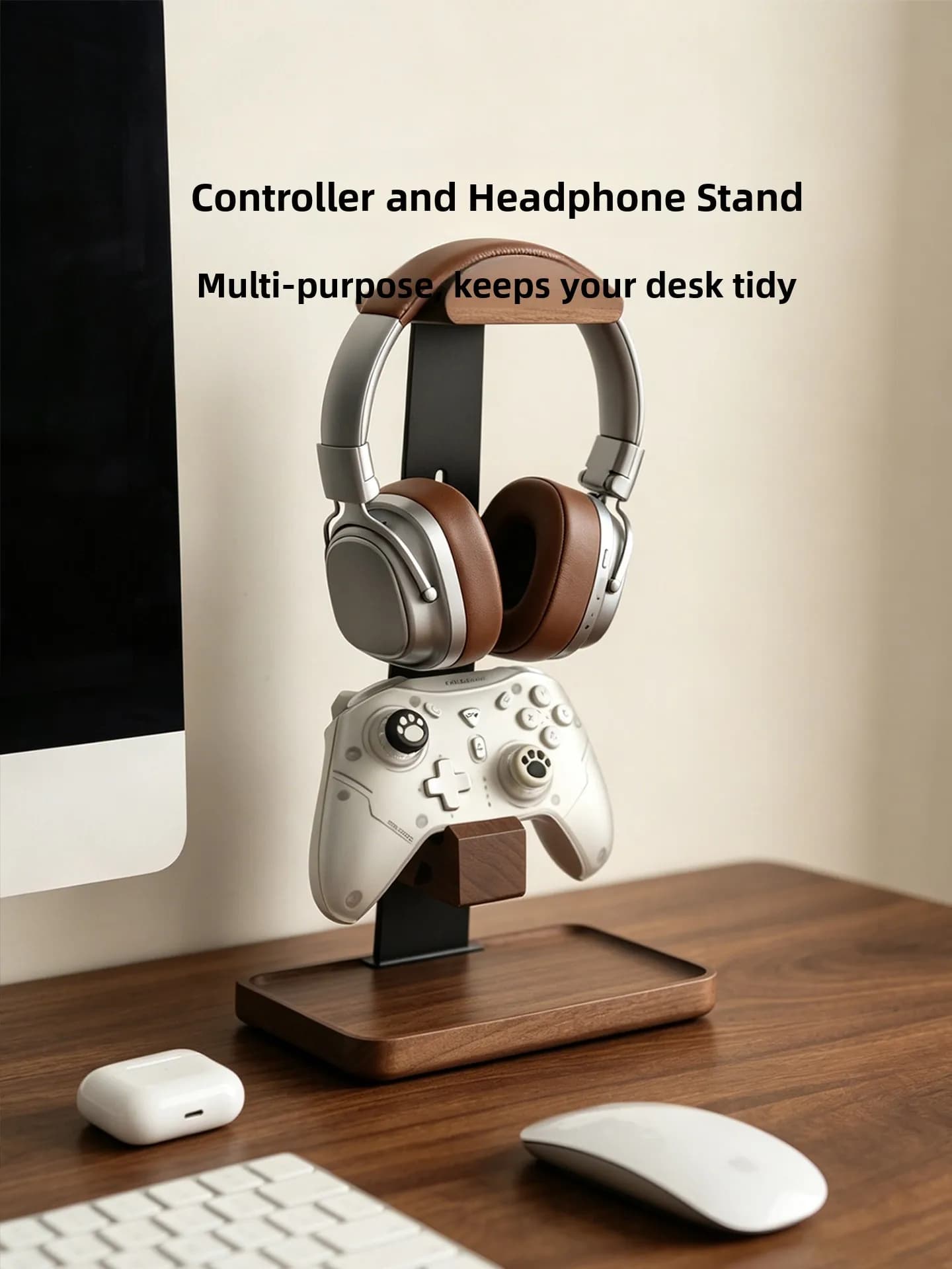 TheSENSE Wooden Game Controller Storage Rack Desktop Earphone Stand Multi-Functional Organizer Shelf Simple Style Home Office