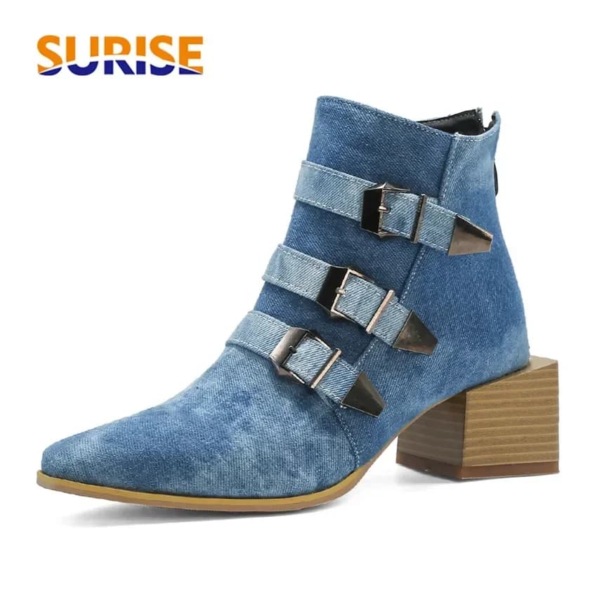 Stivaletti Donna in Denim Blu con Tacco Alto a Blocco, Stampa Pelle di Serpente, Punta Quadrata, Cinturino e Cerniera, Ideali per Feste Primavera Autunno