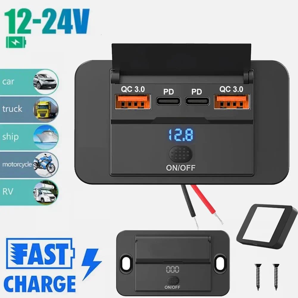 Car Charger Charger Adapter with Switch, 2-4 Port Charging Splitter, Bus Grip, Camper, ATV, Truck, Boat, 12V, 24V, PD, QC3.0