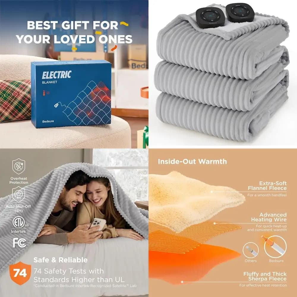 Coperta elettrica king size: flanella a costine, doppi controlli, 10 impostazioni di calore e tempo, spegnimento automatico 8 ore (90x100, grigio chiaro)