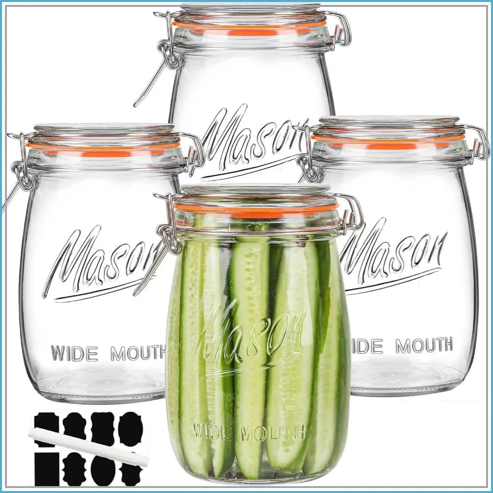 Wide Mouth Glass Jars with Airtight Lid 32OZ 4 Pack, Kitchen Storage Clear Canister Jars with Hinged Lid & Measurement Marks for Canning, Coffee, Flour, Sugar, Beans
