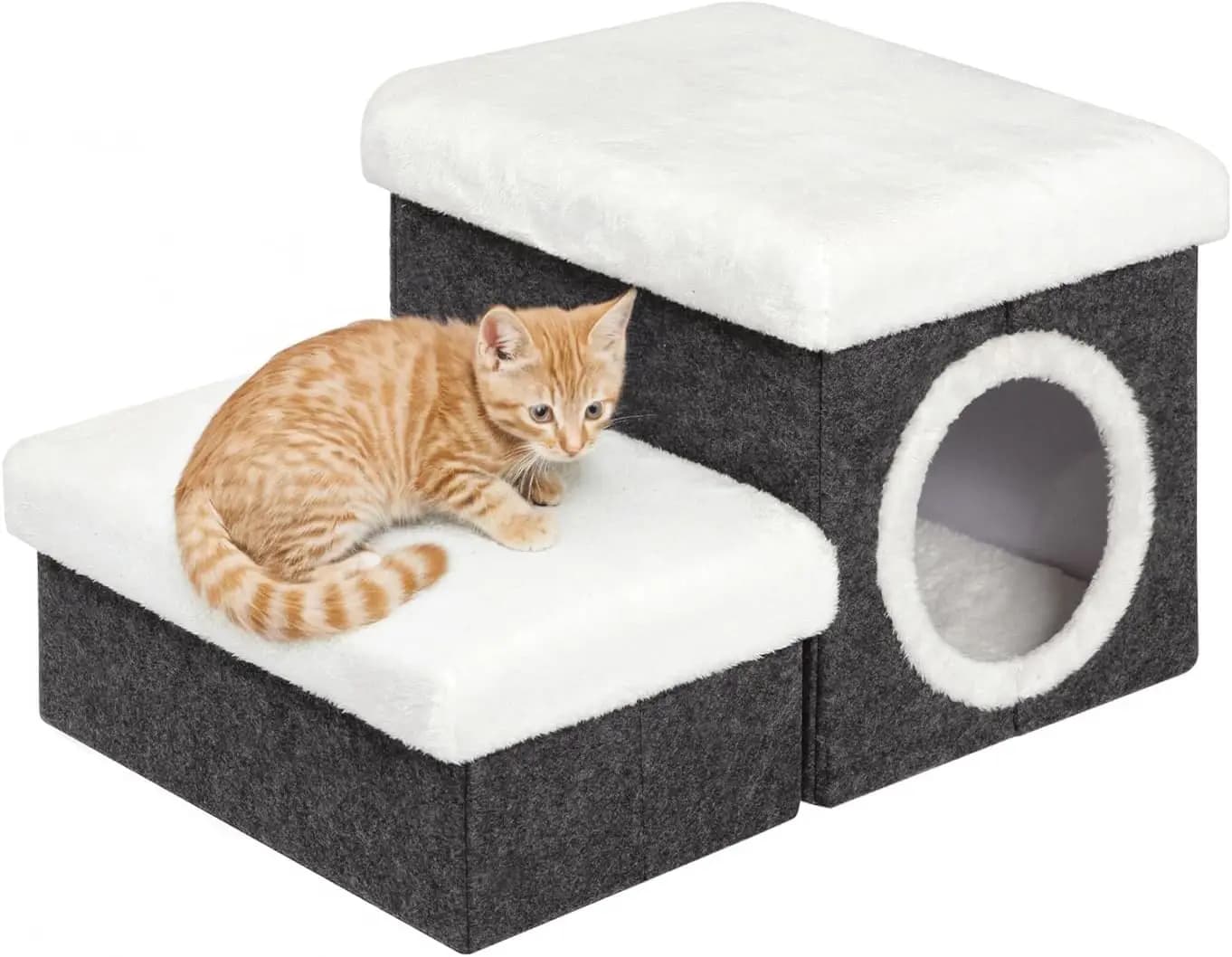 Scaletta per Gatti e Cani per Letti e Divani, Pieghevole a 2 Livelli con Contenitore Portaoggetti, Piccola Scala per Animali Domestici da Interno, Grigia 15.7x12.