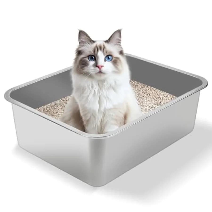 Stainless Steel Cat Litter Box - Metal High Sided Cat Pan, Large Stainless Steel Box, Indoor Litter Tray, Non Stick, No Smell,