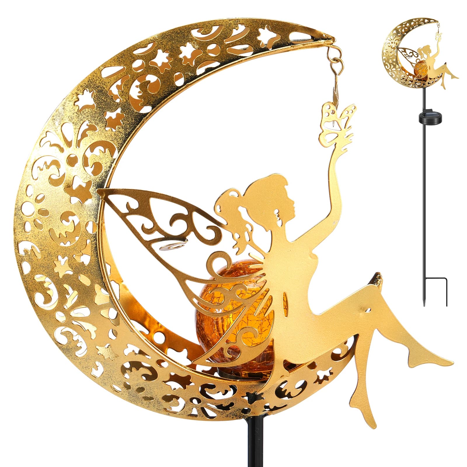 Luci solari da giardino Moon Fairy Crackle luci di palo in vetro impermeabile bianco caldo LED luci Decorative in metallo percorso esterno
