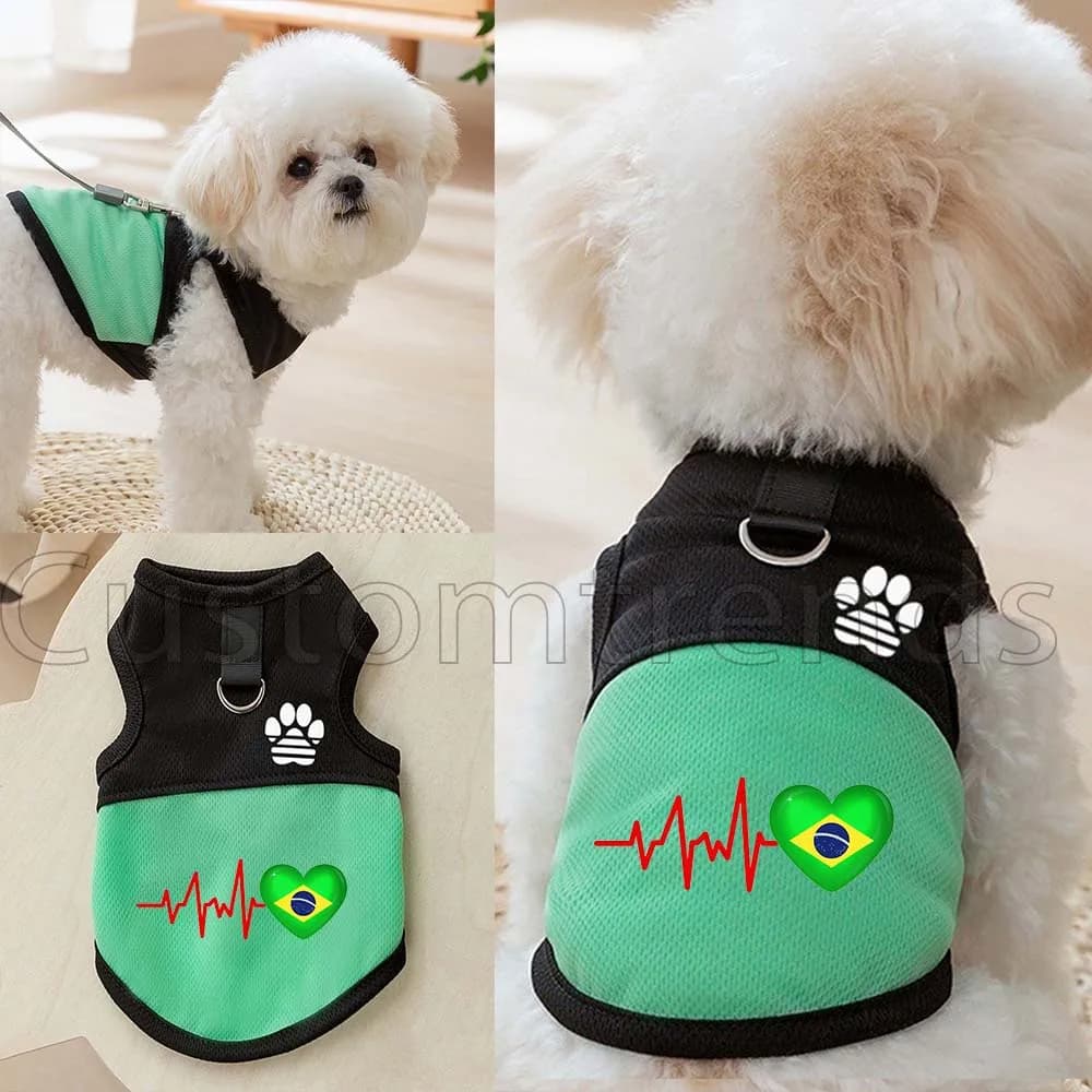 HEARTBEAT BRAZIL FLAG Gilet in rete traspirante per cani e gatti, tipo pettorina/camicia, per primavera/estate, con stampa zampa e anello a D per guinzaglio