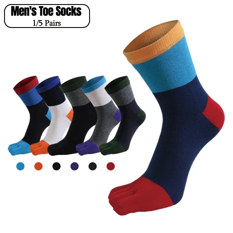 1/5 Pairs Men Five Toe Socks Breathable Cotton Color Patchwork Striped Crew Separate Toe Socks Casual Socks For Male Daily
