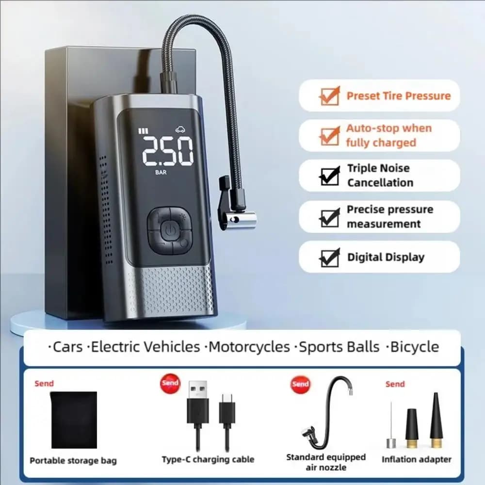 Set Compressore d'Aria Portatile per Auto, Gonfiatore Pneumatici Wireless, Compressore Elettrico Adatto per Auto, Moto, Biciclette e Palloni