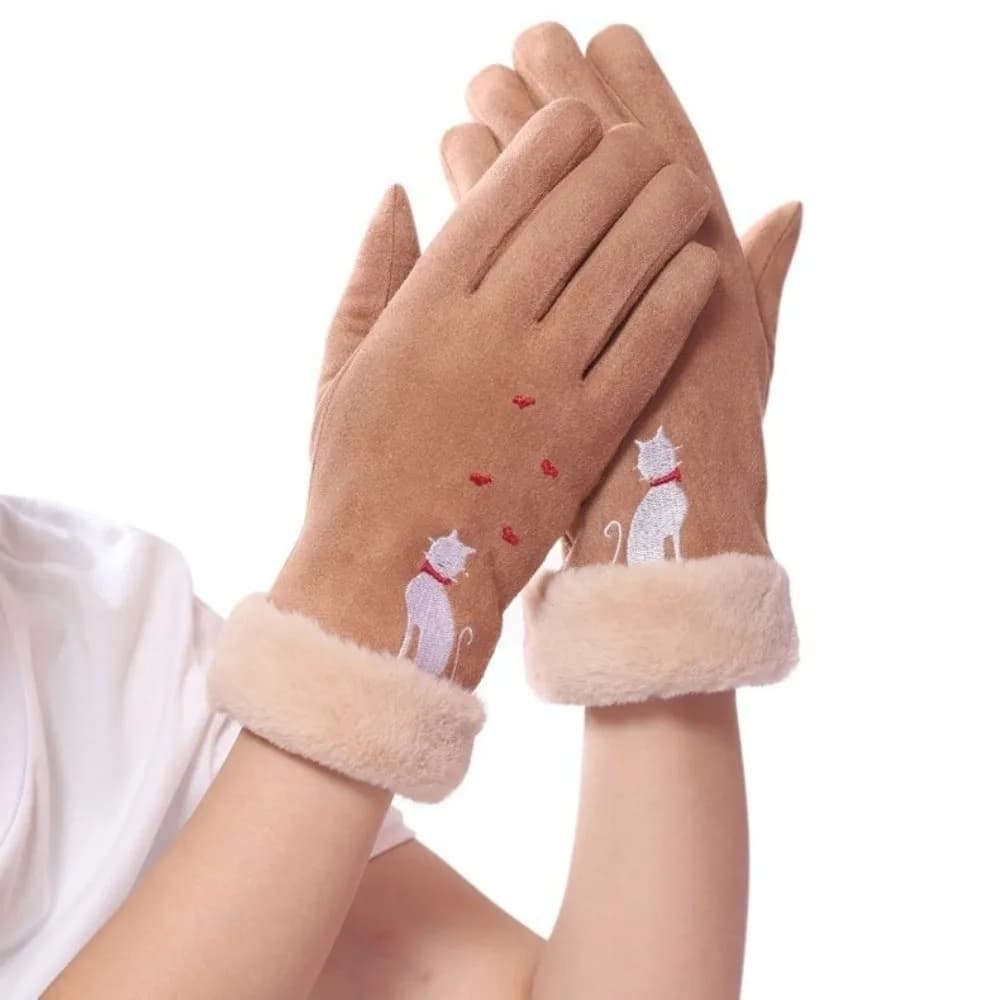 Guanti invernali caldi Guanti touch screen antivento con dita intere Guanti da guida con ricamo gatto resistenti al freddo per sci da ciclismo all'aperto