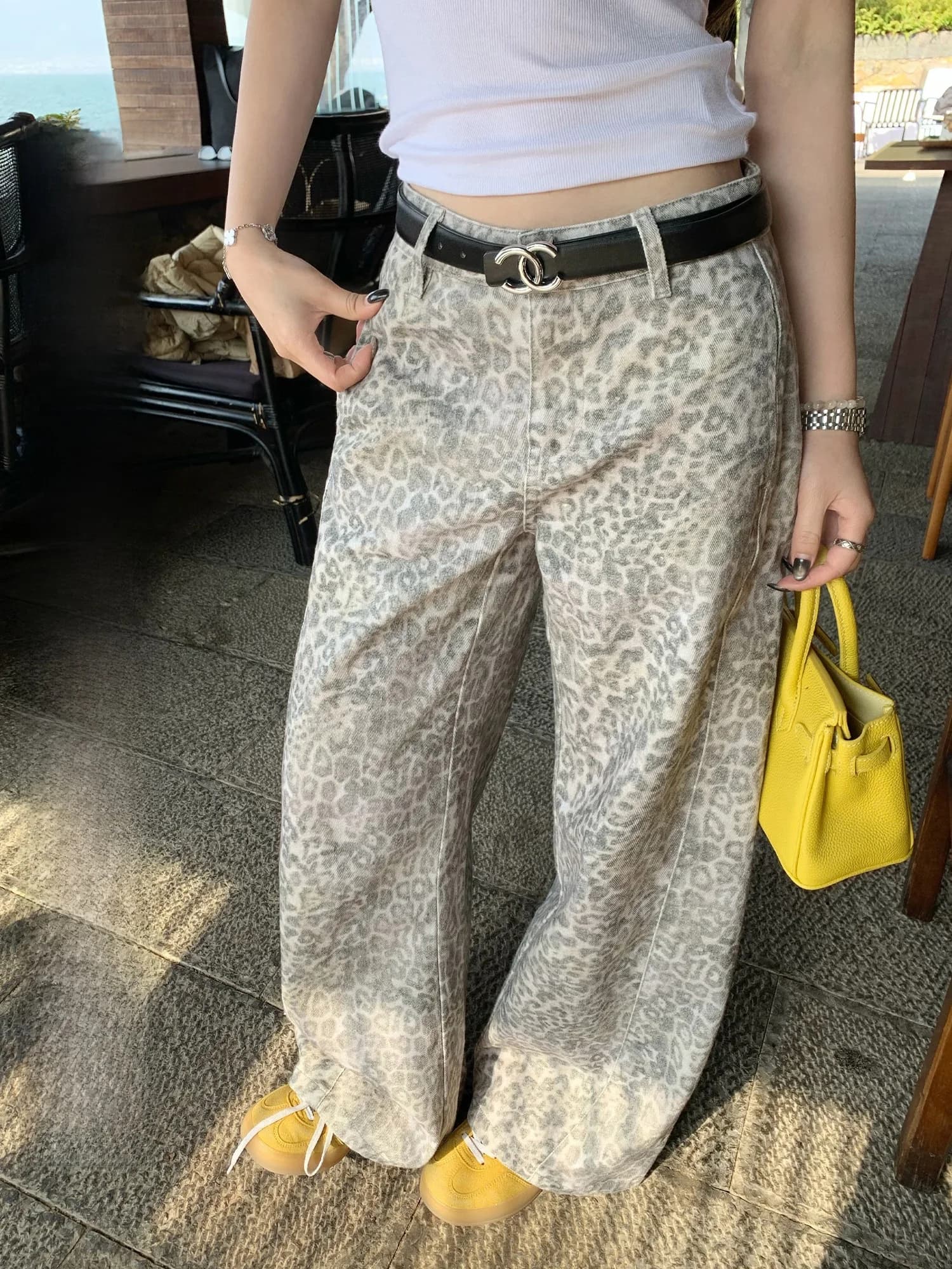 Hhyii Jeans Casual Vintage Lavati con Stampa Leopardata a Vita Alta da Donna, Jeans Larghi a Gamba Larga Primavera Estate in Misto Cotone con Chiusura a Cerniera