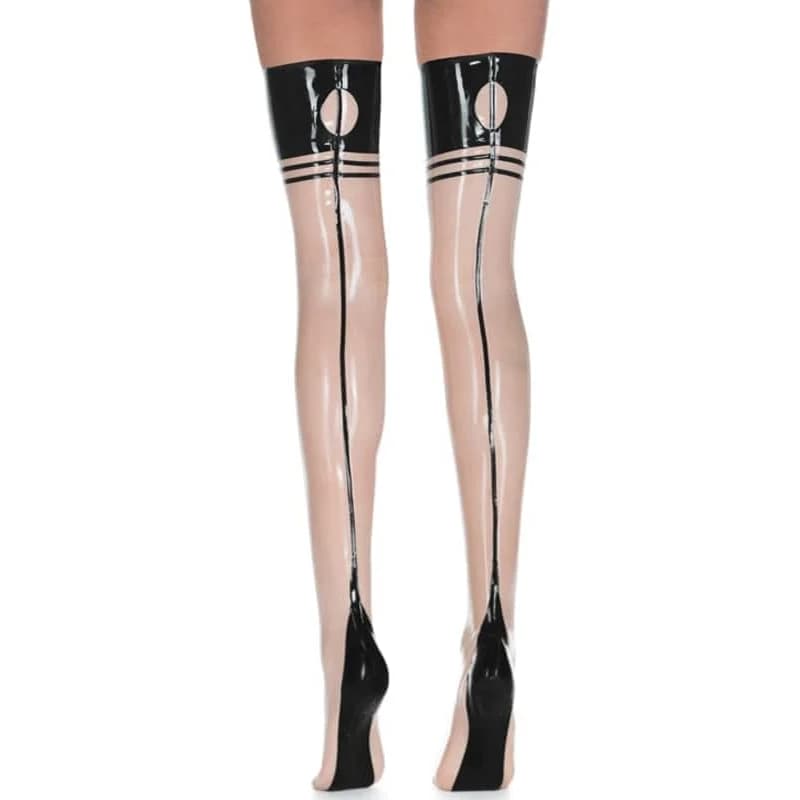 Transparent sexy long latex stockings with round decoration at the back and rubber thigh highs