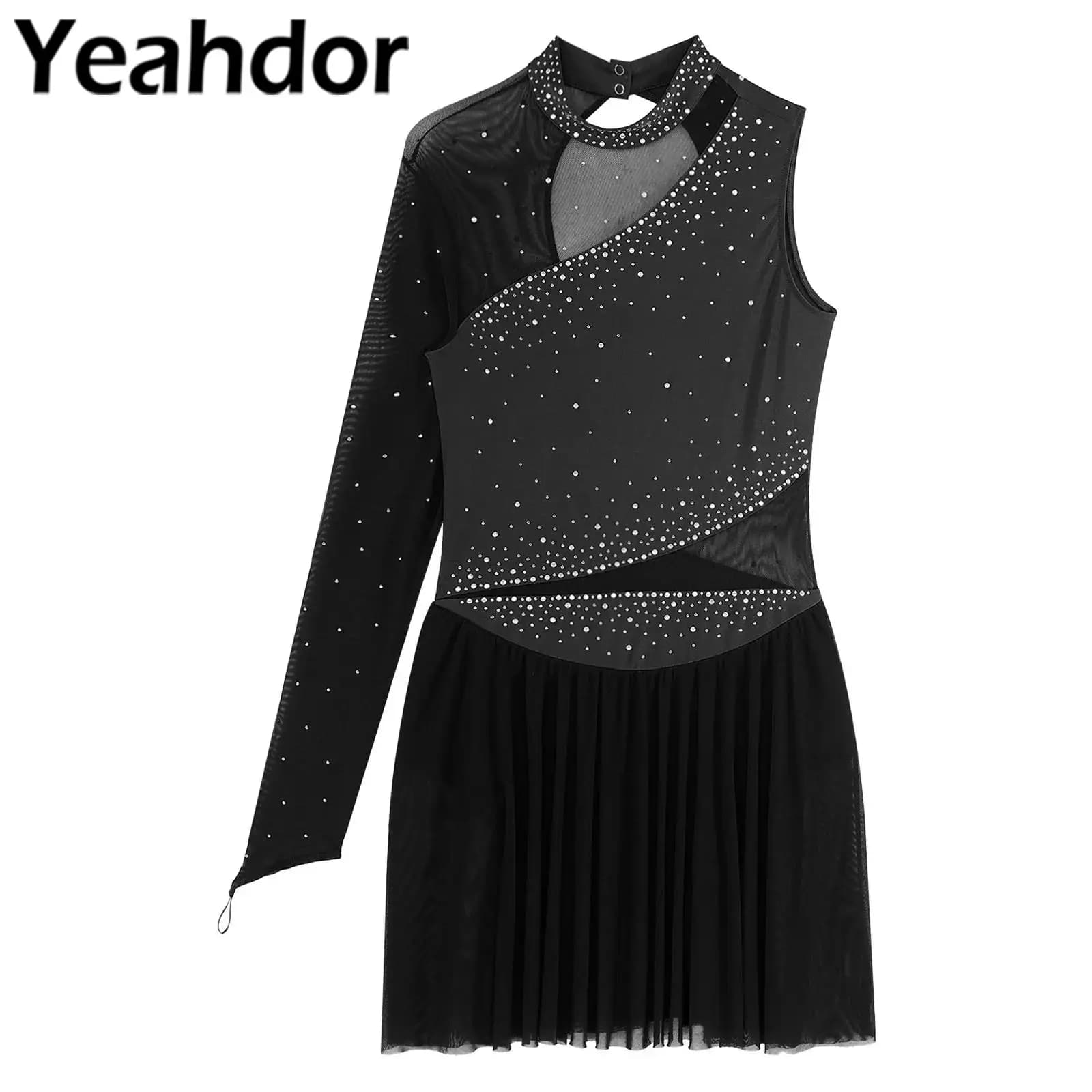 Abito da pattinaggio su ghiaccio con strass Abito da body da ginnastica per balletto a maniche lunghe in rete da donna Costumi da competizione professionale