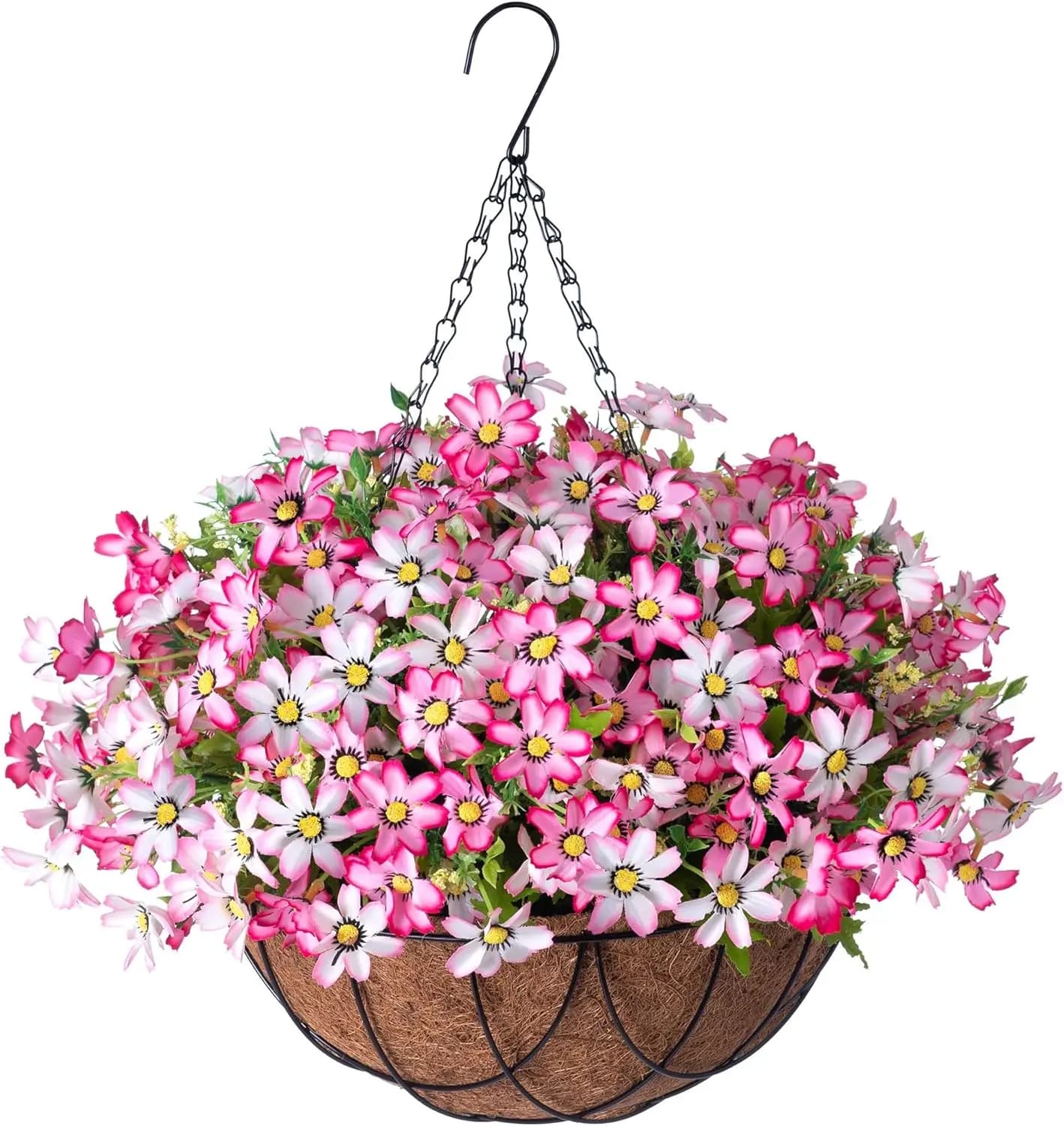 Cesto Appeso di Crisantemi Artificiali con Eucalipto, Pianta Finta Rosa in Vaso di Metallo per Decorazioni Interne ed Esterne