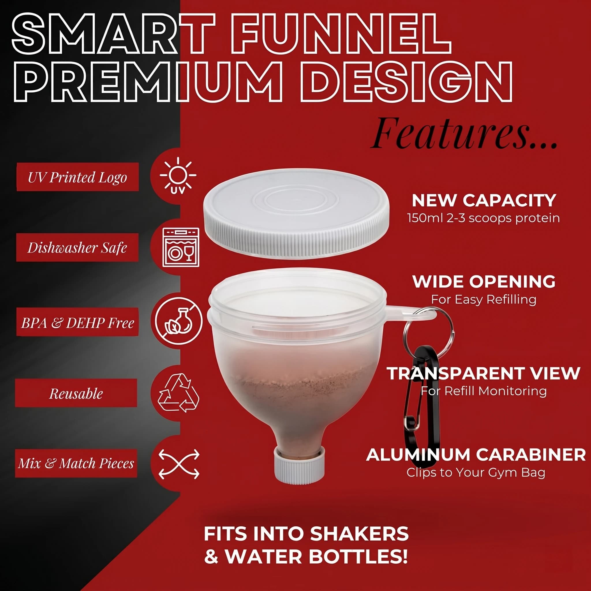 2 Pack Protein Powder Container to Go - Mini Funnel (White 100ml) | Mini Funnel with Keychain and Keyring, Water Bottle Funnel F
