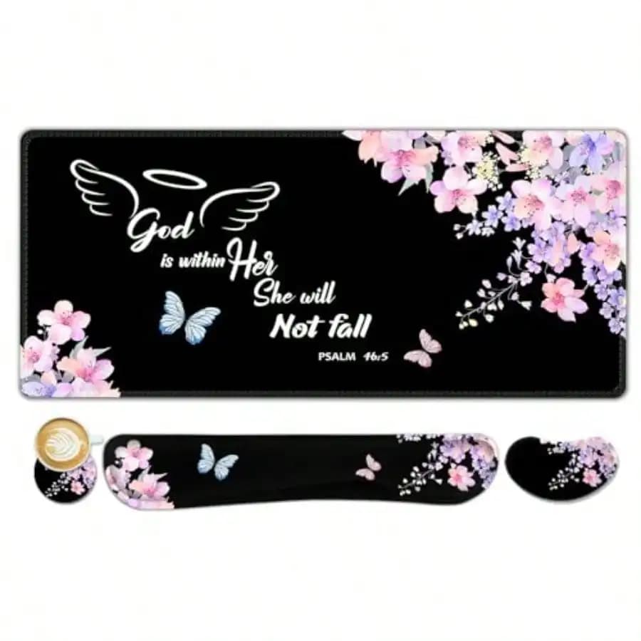 Tappetino per mouse grande con poggiapolsi per tastiera, supporto combinato in memory foam, tappetino protettivo esteso per scrivania, God is Within Her Desk Bl