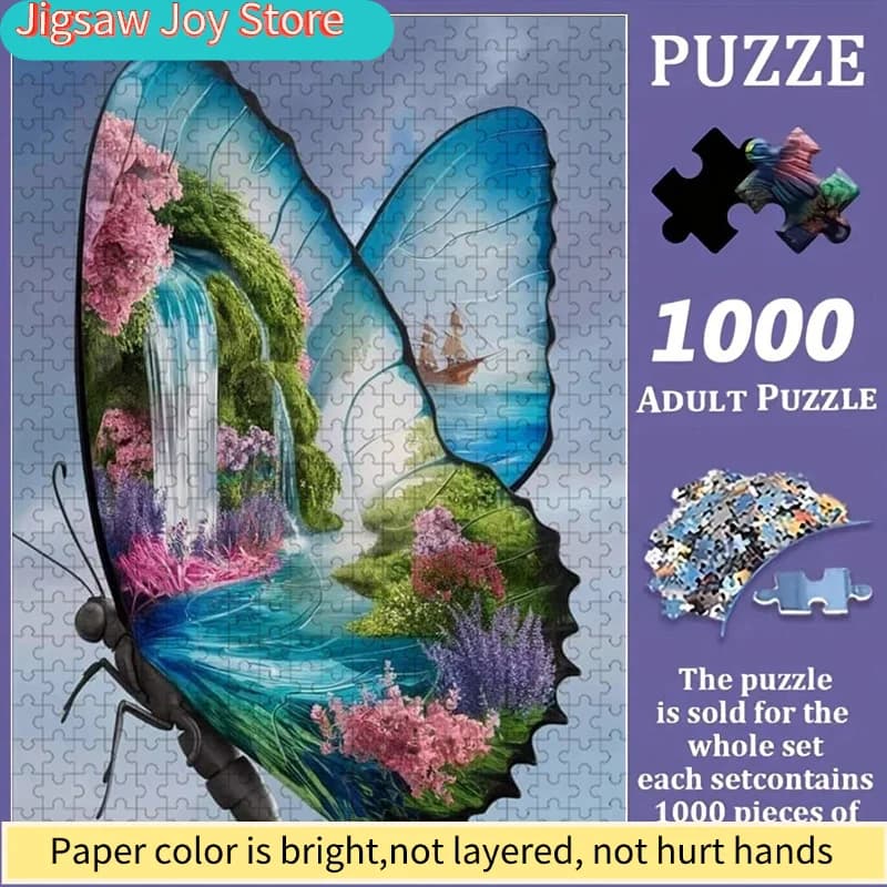 Puzzle a cascata con farfalle colorate, interazione familiare e regalo divertente, design astratto vivace, sfida con motivi di paesaggi