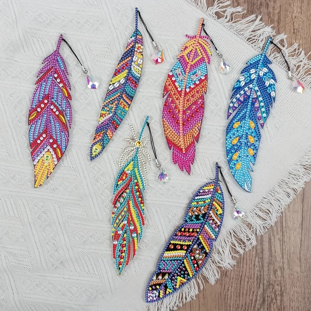 6 Pack Bookmark Diamond Painting DIY Feather Bookmark Home Office School Classroom Crystal Pendant Bookmark 5D Diamond Painting Christmas Handmade Gifts for Beginners