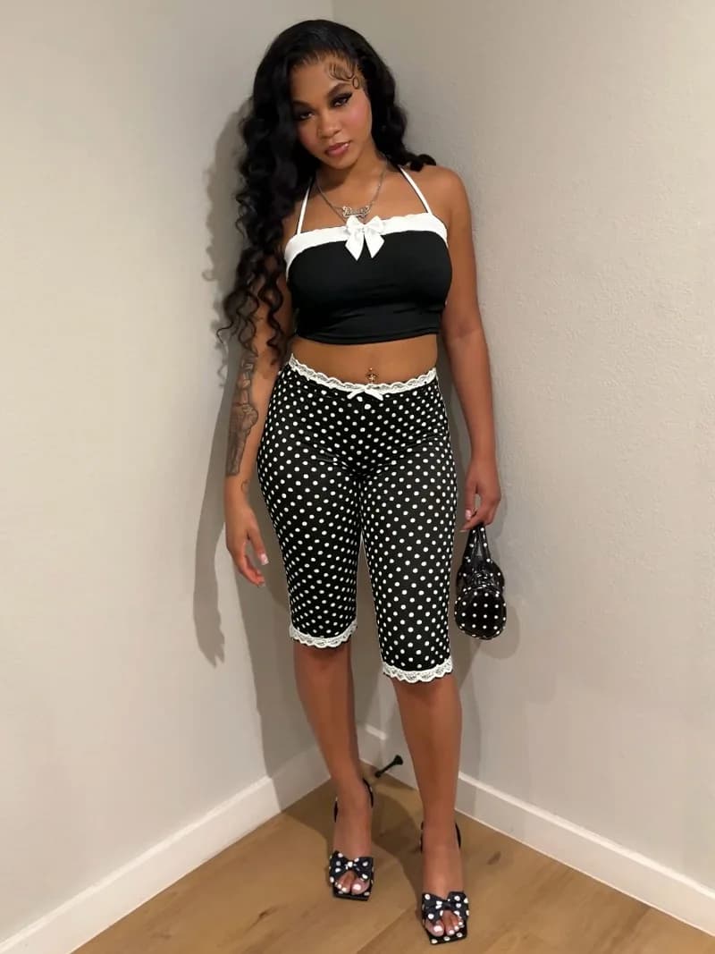 Bow Decoration Camis Crop Tops + Lace Patchwork Polka Dots Print Skinny Knee Length Pants Women Sexy 2 Piece Set Casual Suits