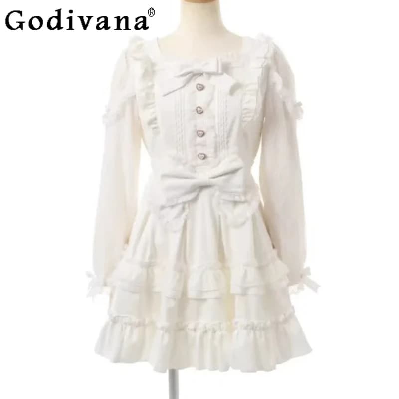 Abito Giapponese Primaverile/Autunnale Taglie Forti con Scollo Quadrato e Spalle Scoperte in Pizzo, Vestito a Strati a Vita Alta a Trapezio per Ragazze, Stile Dolce e Giovanile