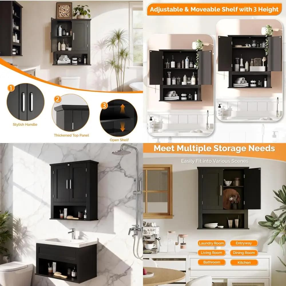 Bathroom storage with open shelf and 2 doors, Black Wood Organizer for Bathroom, Kitchen or Laundry