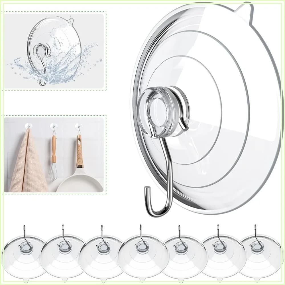 2.5" Clear Suction Cups with Metal Hooks, 8 Pack for Bathroom Kitchen, Hold 7lbs, Reusable & No Drilling
