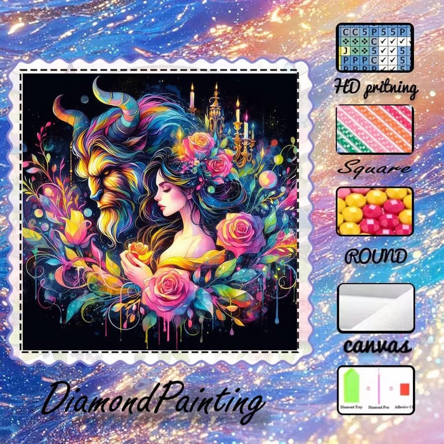 1 pezzo - Potdemiel-5D-DIY - Tessuto floccato - Trapano speciale - Set per pittura con diamanti - Fiore bestia - Arte con diamanti