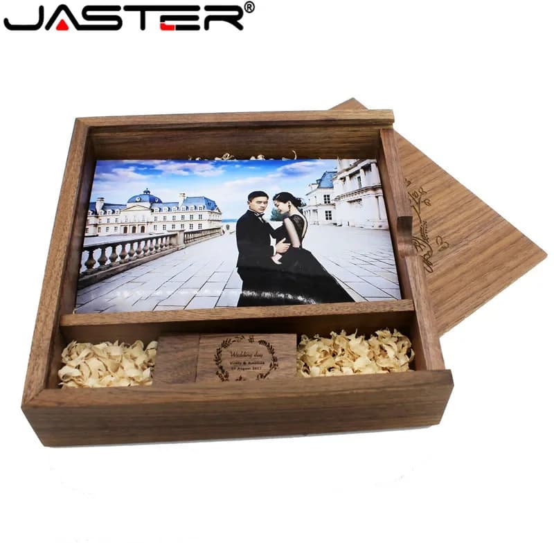 JASTER Album fotografico in noce con logo personalizzato gratuito + Scatola USB, chiavetta USB, pendrive 8GB 16GB 32GB 64GB, regalo di nozze