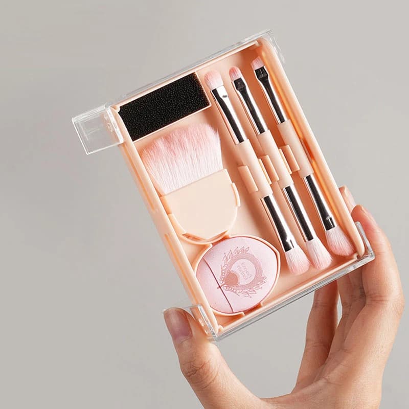 Set di 5 Pennelli per Trucco: Pennelli per Fondotinta, Contorno, Ombretto, Blush e Piumino, Pennelli Cosmetici Portatili da Viaggio con Scatola