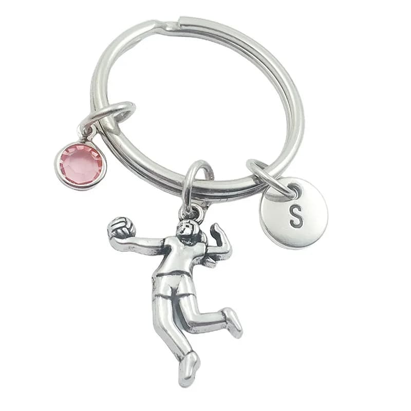 Volleyball Player Initial Letter Monogram Keychain with lucky stone Keychain Creative Fashion Jewelry Women's Gifts Accessories Pendant