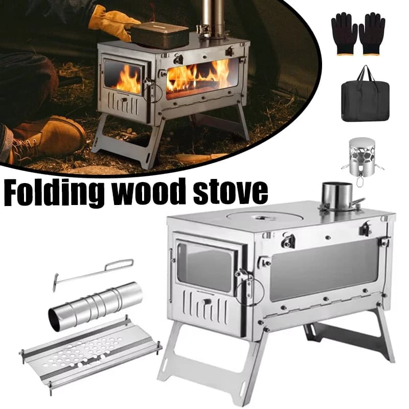 430 Foldable Stainless Steel Portable Tent Stove with Side Glass Fireman Wood Camping Stove Heating Kitchen Grill