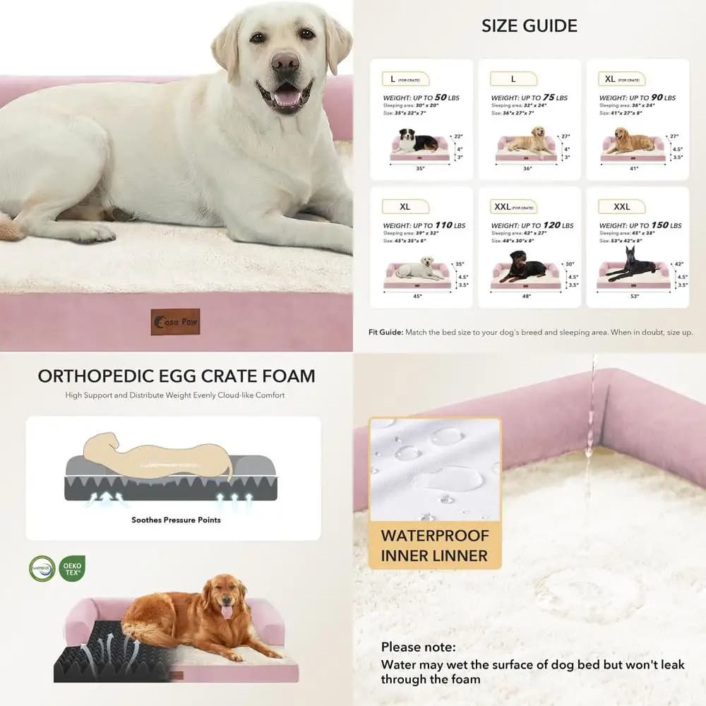 Letto Ortopedico Extra Large per Cani, XL Impermeabile in Schiuma a Nido d'Ape con Bordi, 45x35, Fodera Rimovibile, Antiscivolo, Rosa