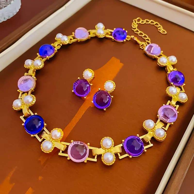 FYUAN Vintage Pearl Geometric Necklace Earrings For Women Purple Pink Resin Earrings Wedding Bride Jewelry Sets Accessories