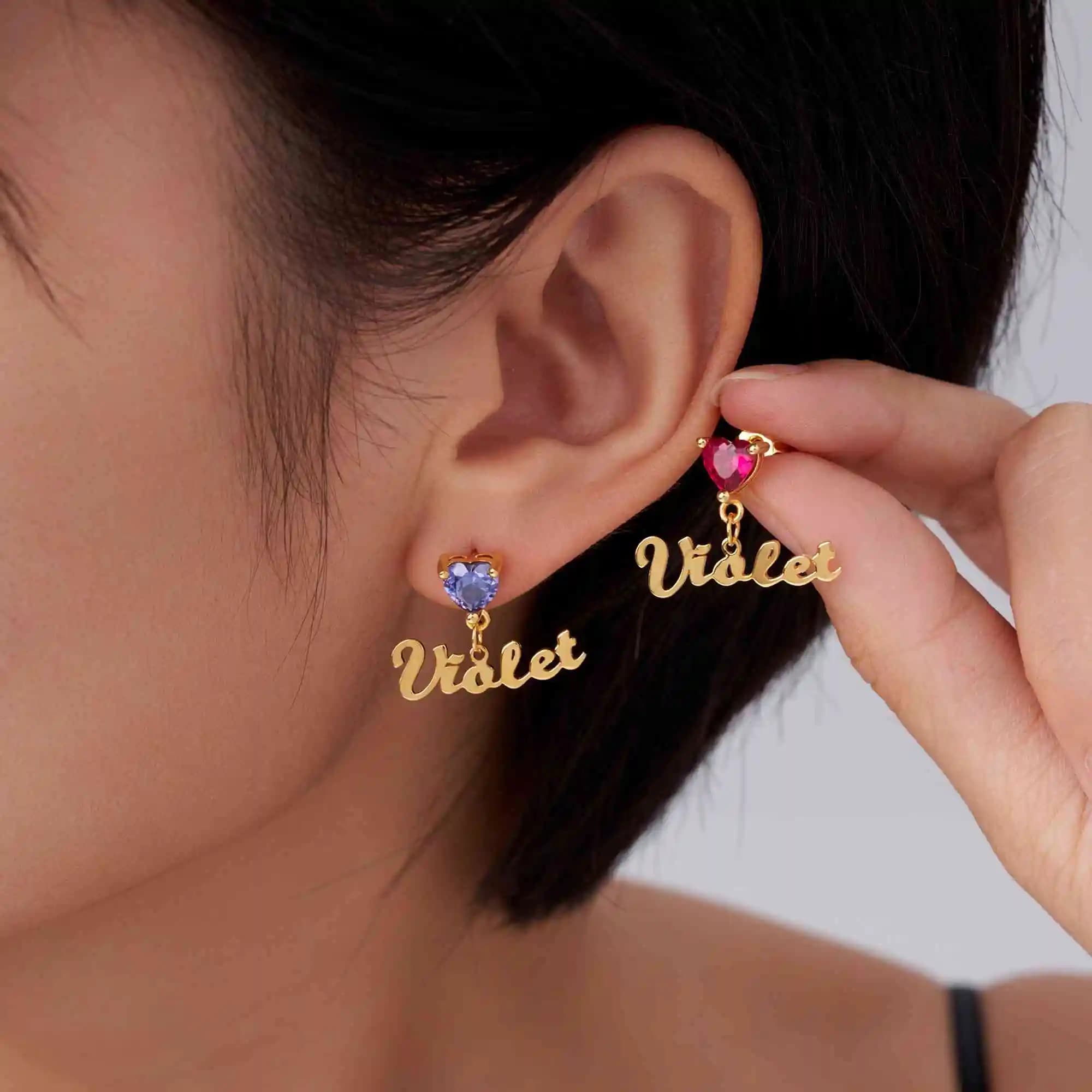 Orecchini personalizzati a forma di cuore con pietra portafortuna, gioielli delicati con ciondolo con nome personalizzato, regalo per la festa della mamma, anniversario, compleanno, per donna