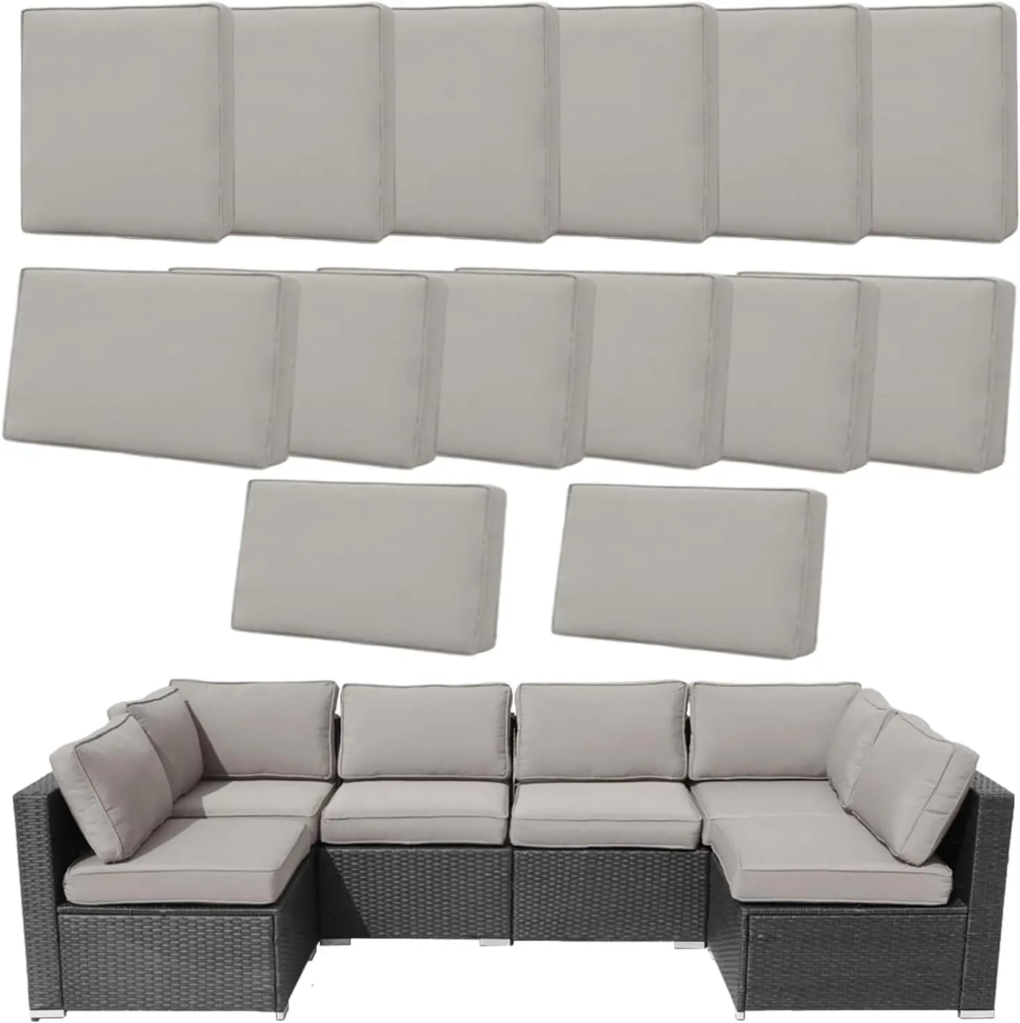 Set di 14 Copricuscini Impermeabili per Patio con Cerniere, Coperture Grigio Chiaro per Divani da Esterno