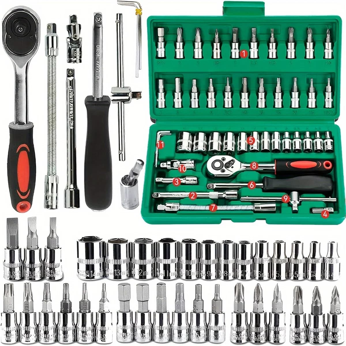 Set di chiavi a cricchetto da 46 pezzi Set di chiavi a cricchetto da 1/4 di pollice con prese Set di bussole a punta esagonale metrica Kit di strumenti meccanici per riparazioni auto Hous