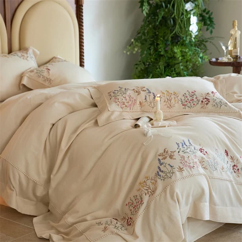 Set di biancheria da letto di lusso con ricamo floreale francese vintage in cotone e lino naturale, copripiumino, lenzuolo piatto/con angoli, federe, 4 pezzi