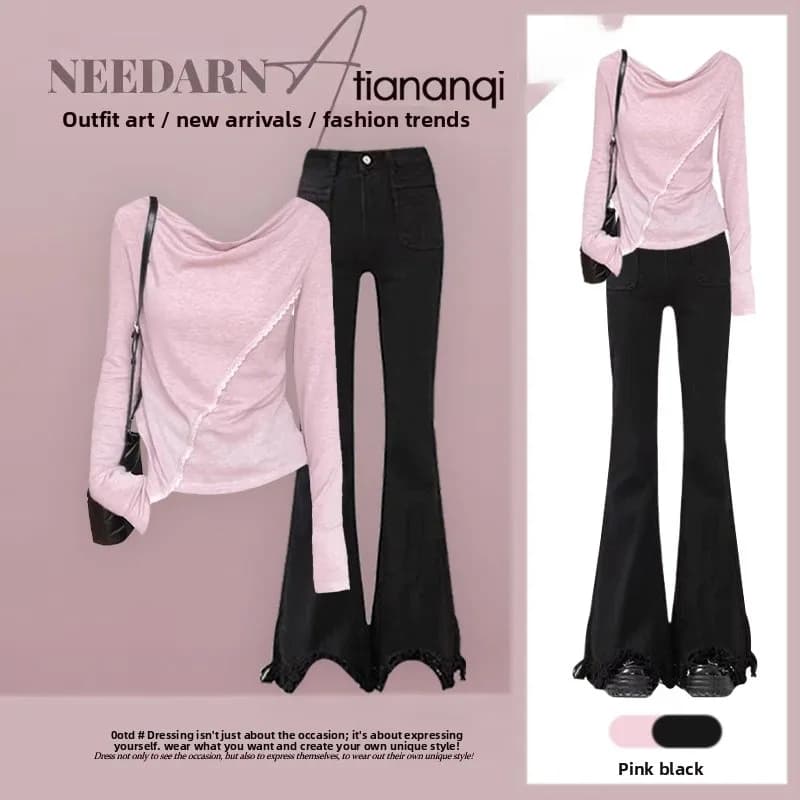 Set Due Pezzi Alla Moda con Jeans a Vita Alta e Gamba a Campana, Outfit Trendy Ringiovanente per la Primavera, Abbigliamento Femminile
